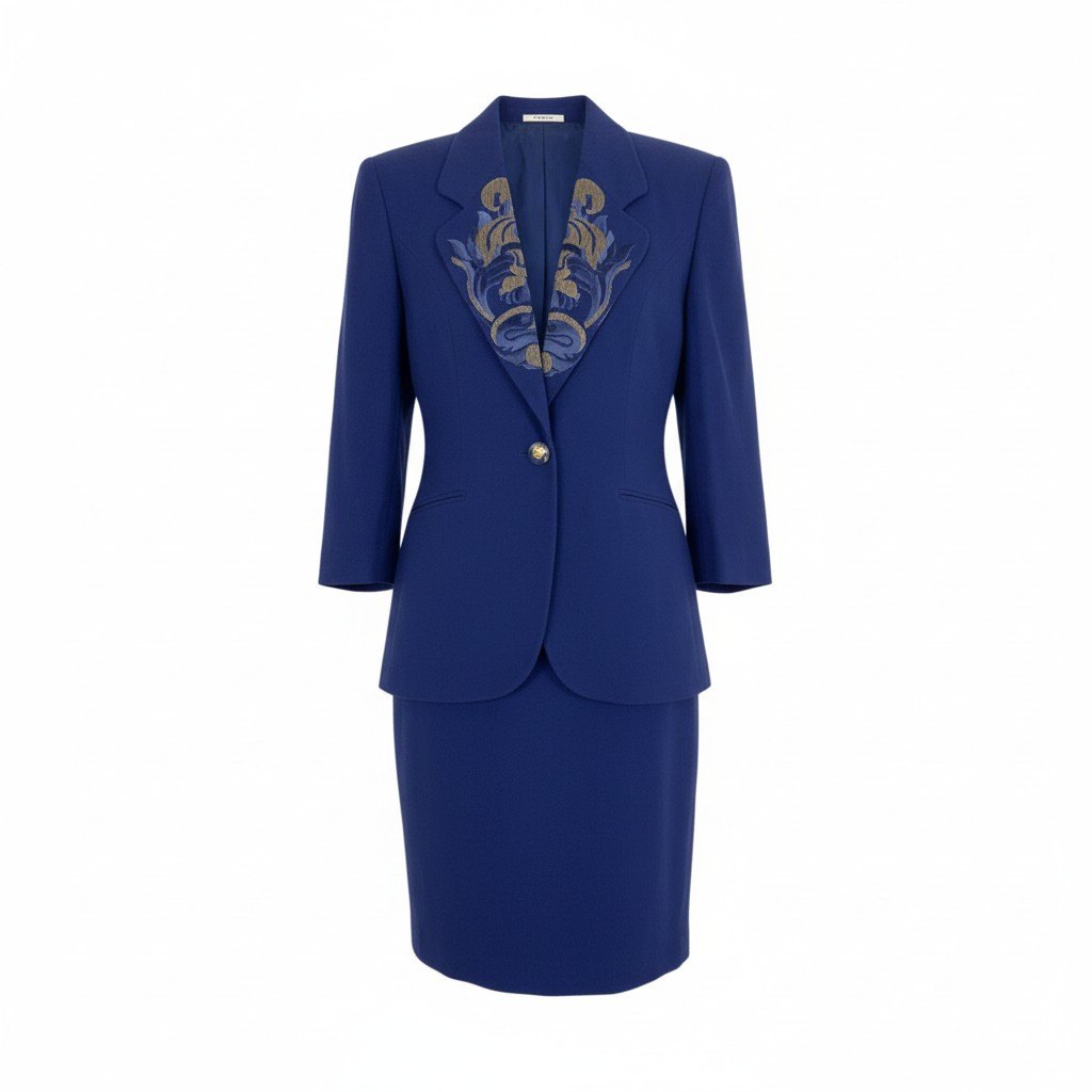 68L11《デッドストック》 Vintage GIANFRANCO FERRE ジャンフランコフェレ GFF セットアップ スカートスーツ 刺繍 装飾ボタン 44 ブルー ウール レディース 女性用u02t