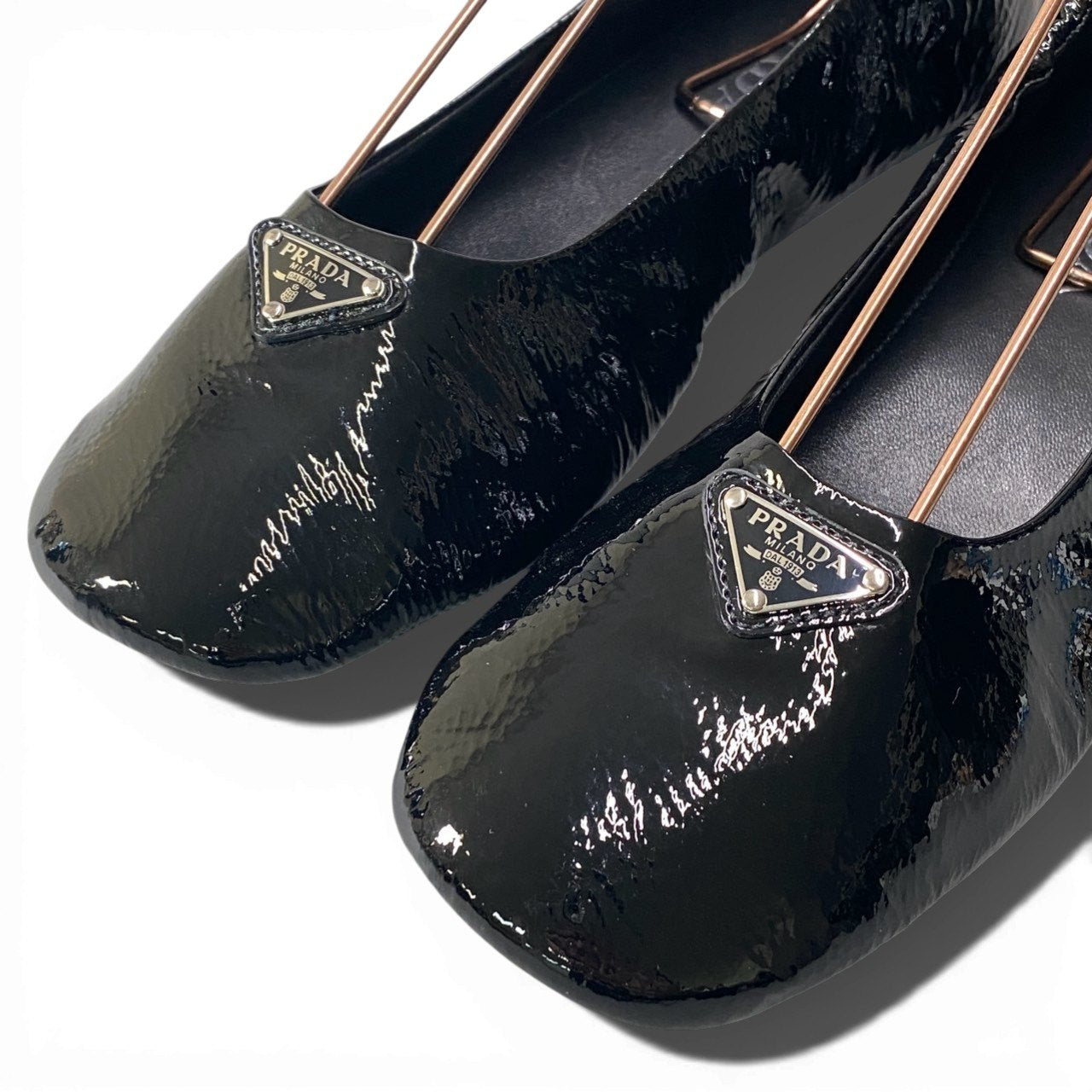 c17 【美品】PRADA プラダ ナプラップパテントレザー バレリーナ バレエシューズ サイズ37 ブラック レディースk02i