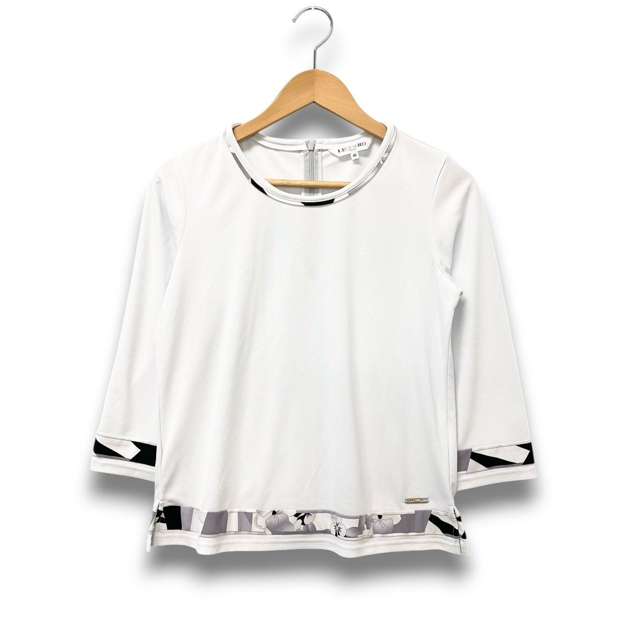 78b26 LEONARD レオナール 七分袖カットソー 美しいプリント ストレッチ 0558097 40サイズ グレー ポリエステル100％ レディース 女性用u02t