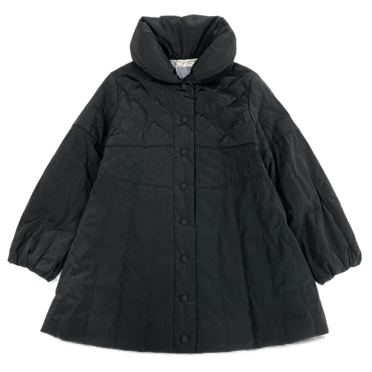 82k28 TOKUKO 1er VOL トクコプルミエヴォル ダウンコート ロングコート Aライン 裏地総柄プリント アウター 9 ブラック ポリエステル レディースu02t