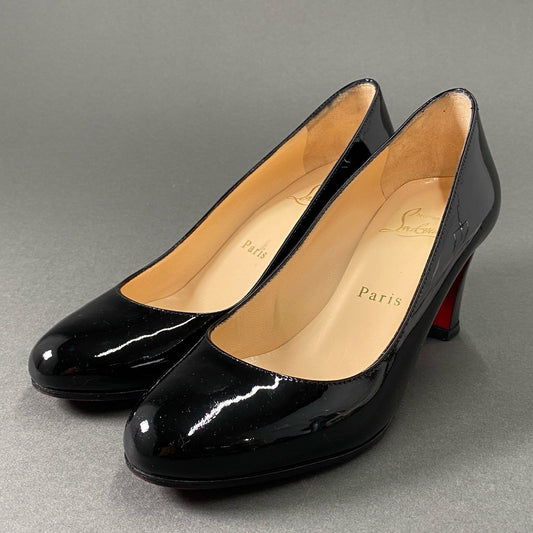 3f26 Christian Louboutin クリスチャンルブタン プレーントゥ パンプス チャンキーヒール サイズ35 ブラック パテントレザー レディース 女性用 靴