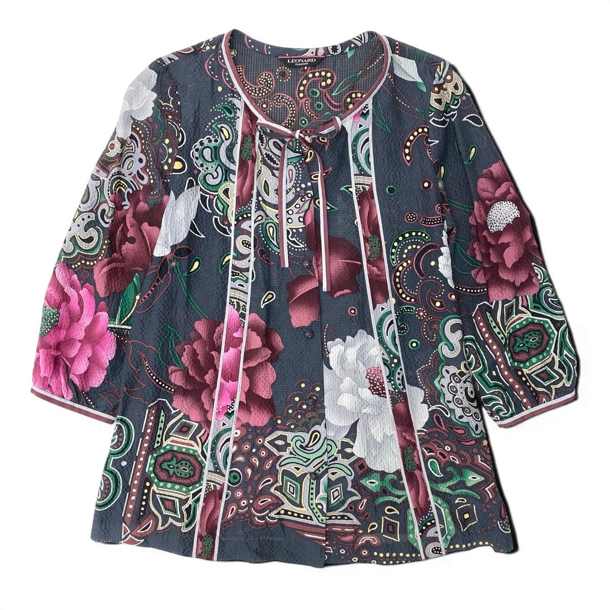 2g18 LEONARD FASHION レオナール ロングスリーブ シアーカーディガン 羽織 美しい花柄プリント ペイズリー柄 サイズ42 グレー シルク100％ レディースu02t