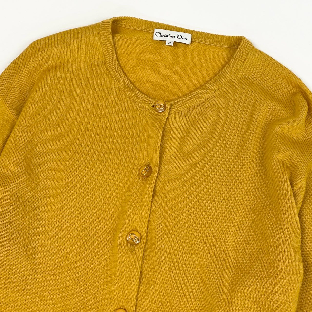 42a23 Christian Dior クリスチャンディオール CDボタン ニットカーディガン トップス M イエロー ウール レディースu02t