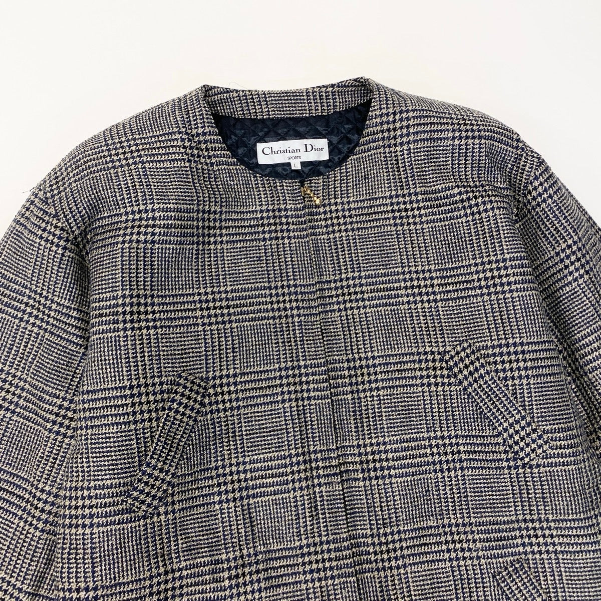 25g8 Christian Dior クリスチャンディオール ノーカラーツイードコートジャケット グレンチェック ラメ アウター Lサイズ ベージュ ネイビー レディース 女性用u02t