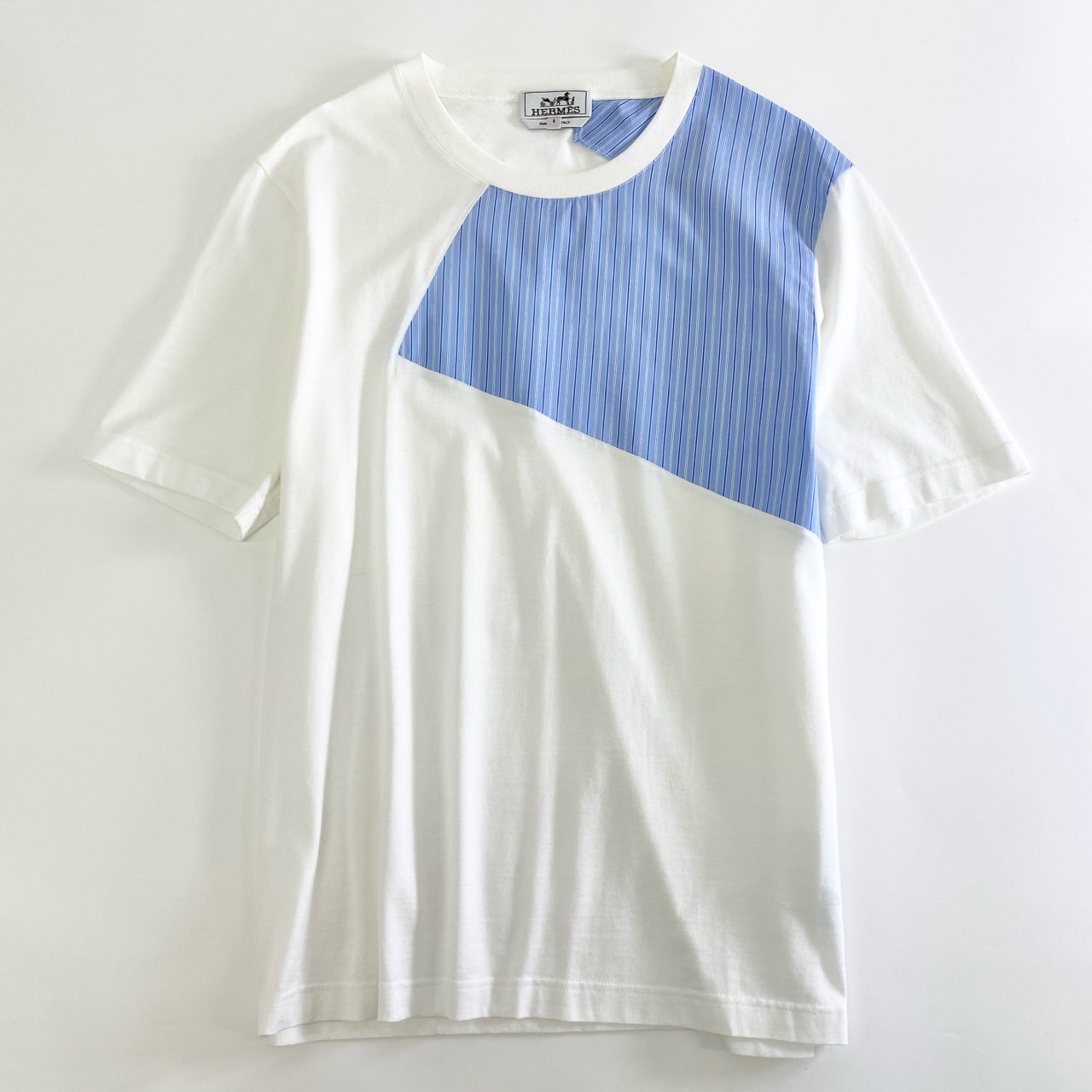 10j31 《美品》 HERMES エルメス 21SS Flash シーアイランドコットン ストライプ Tシャツ 半袖カットソー クルーネック イタリア製 Sサイズ ホワイト ブルー