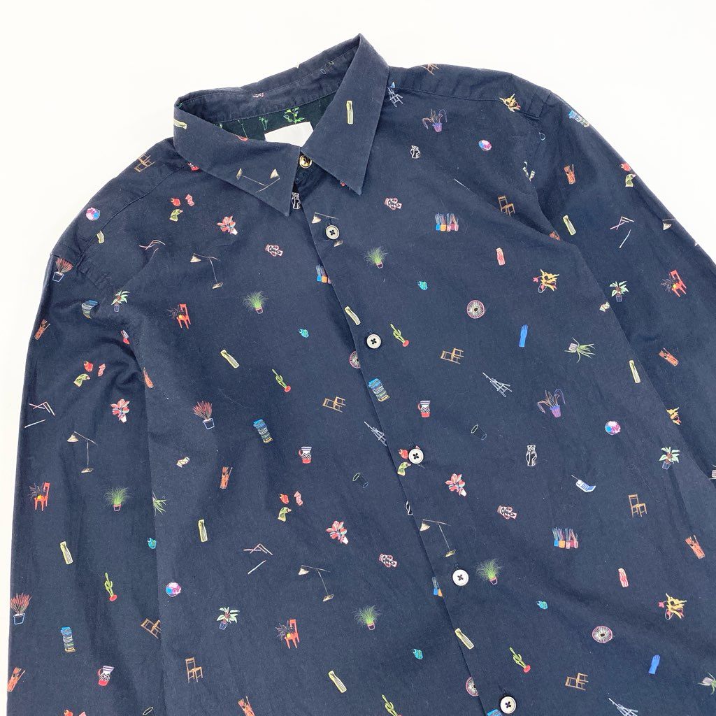 67a12 Paul Smith ポールスミス  ロングスリーブシャツ コットンシャツ 総柄プリント 薄手 メンズ 紳士服 PF-WR-45089 M ネイビー 綿100％u02t