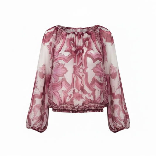 7d24 DOLCE&GABBANA ドルチェアンドガッバーナ マジョリカ シアーブラウス シルクブラウス ドルマンスリーブ パフスリーブ 総柄 マヨルカ サイズ42 マルチカラー シルク100％ レディース 女性服o07t