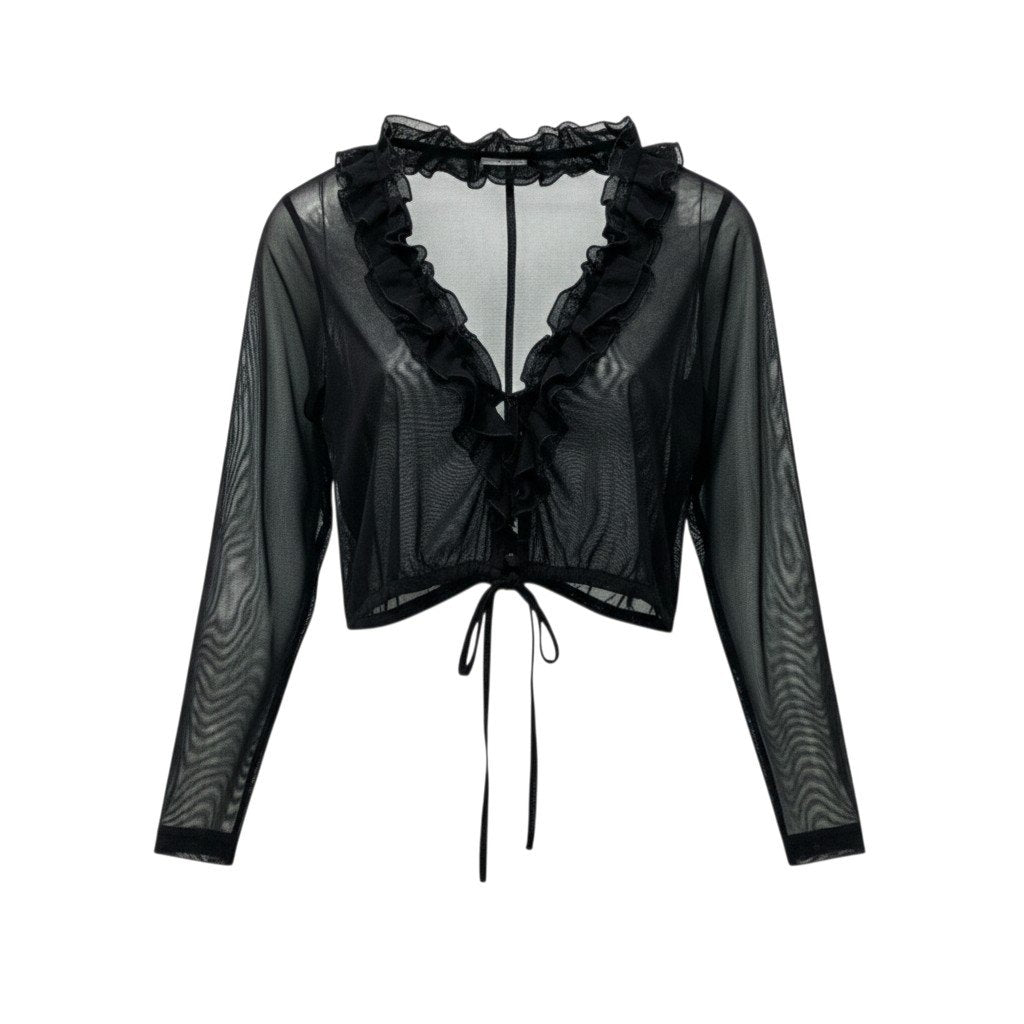 45c6 【美品】 TOKUKO 1erVOL トクコプルミエヴォル シアーボレロ フリル カーディガン ショート丈 裾リボン レディース 女性服 サイズ9 ブラック ポリエステル100％u02t