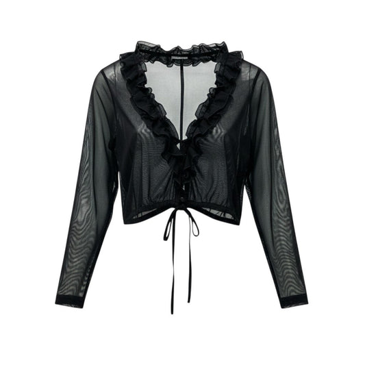 45c6 【美品】 TOKUKO 1erVOL トクコプルミエヴォル シアーボレロ フリル カーディガン ショート丈 裾リボン レディース 女性服 サイズ9 ブラック ポリエステル100％u02t