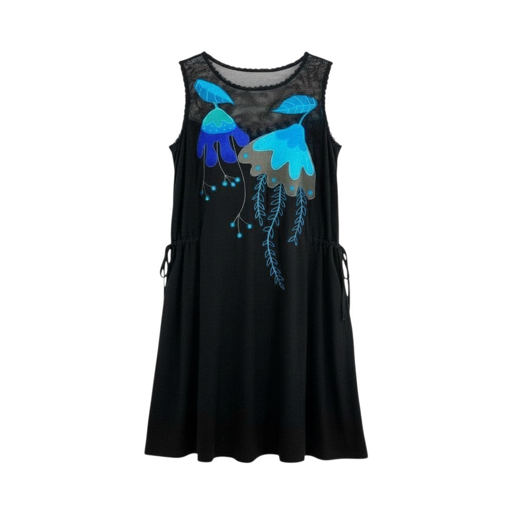 41k26 《美品》TOKUKO 1er VOL トクコプルミエヴォル ノースリーブワンピース メッシュ切替 フラワーモチーフ 刺繍 サイドギャザー レディース 女性用 9 ブラックu02t