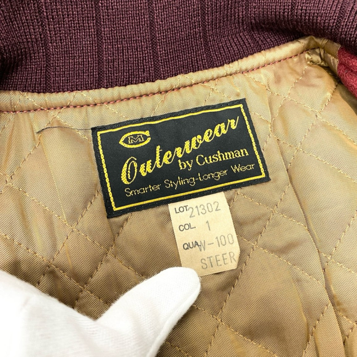74c20 CUSHMAN クッシュマン 袖レザー 裏キルティング ウールスタジャン サイズM ボルドー クリーム メンズ アウター レザースタジャン アメカジk02i
