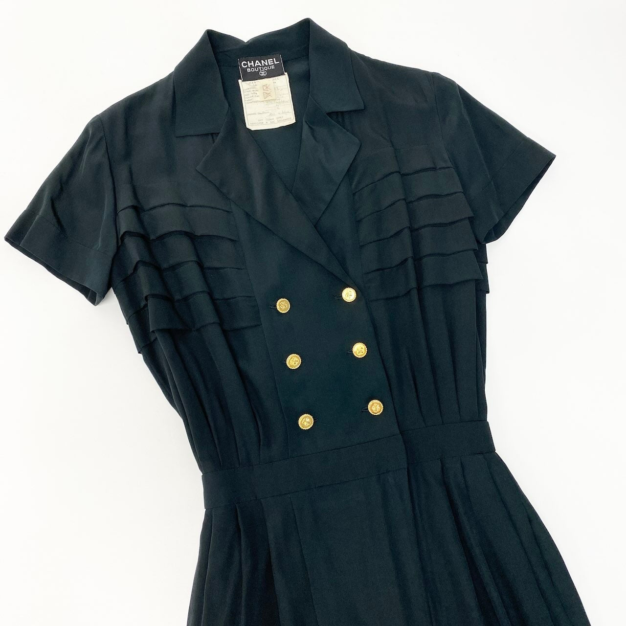 C CHANEL シャネル ヴィンテージ 1989P シルクドレスワンピース ダブルボタン 金ボタン 36サイズ ブラック系 シルク100％ レディース 女性用nu1