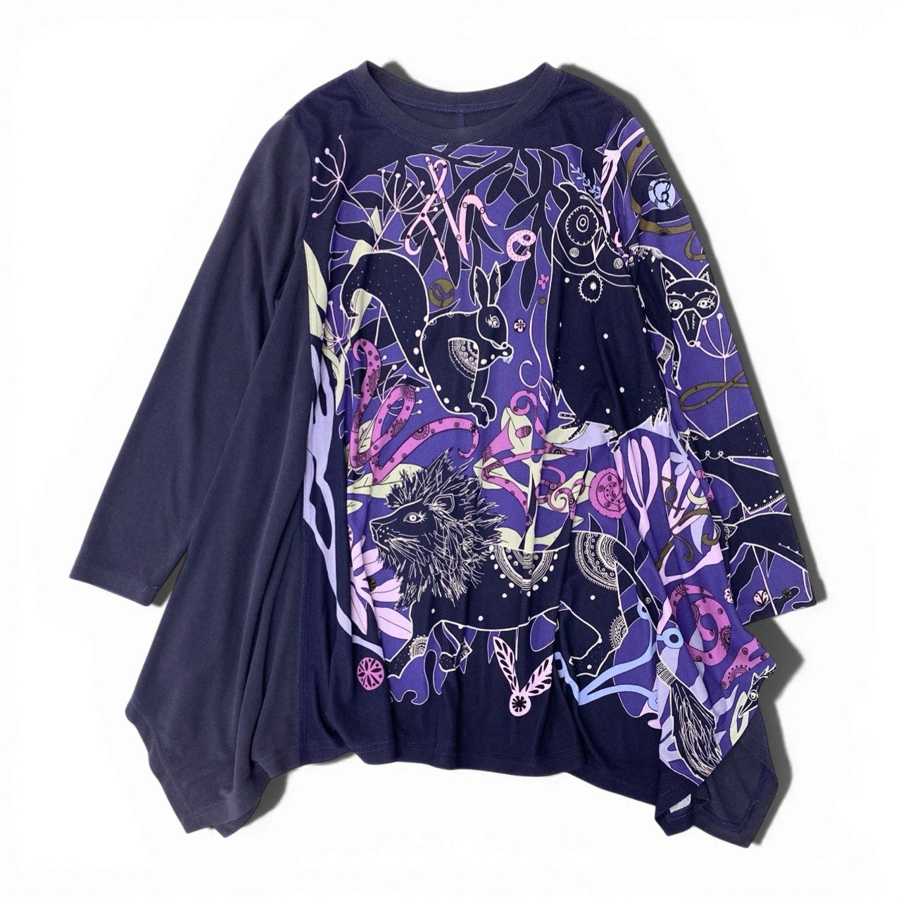 33c10 【美品】 TOKUKO 1er VOL ロングスリーブ チュニックワンピース  アニマル柄 Aライン ストレッチ レディース 女性服 サイズ9 パープルu02t