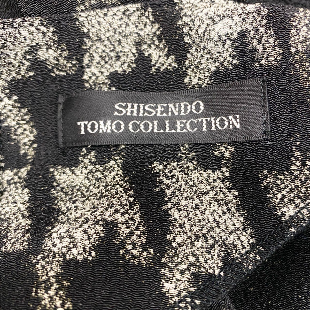 15c3 【美品】 SHISENDO TOMO COLLECTION 詩仙堂 フレンチスリーブワンピース 膝丈 アシンメトリーデザイン 総柄プリント ちりめん レディース 女性服 ブラック ポリエステル100％u02t