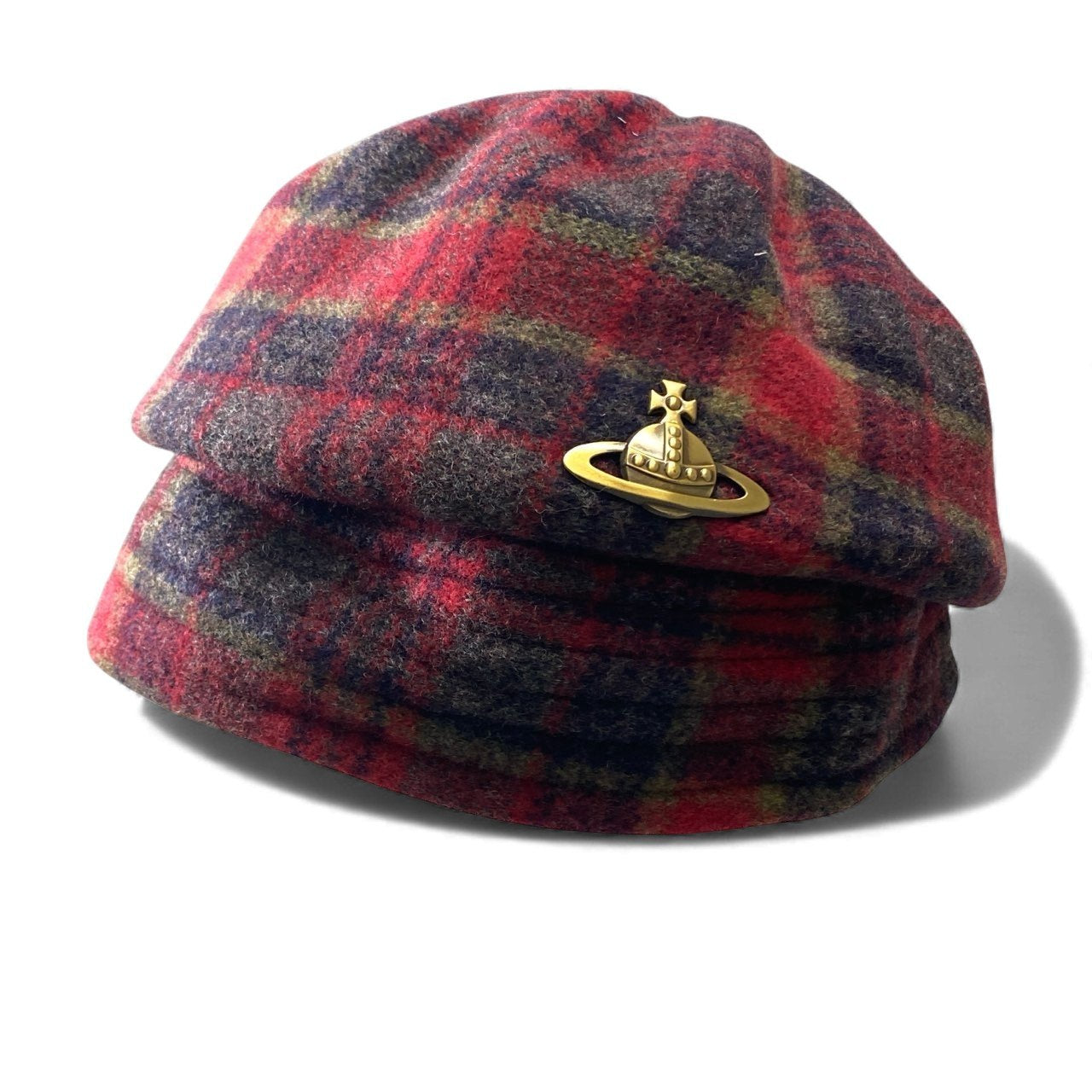 k16 《美品》 Vivienne Westwood ヴィヴィアンウエストウッド クロッシェハット メタルオーブ M レッド チェック柄 日本製 帽子 ヘッドウェア