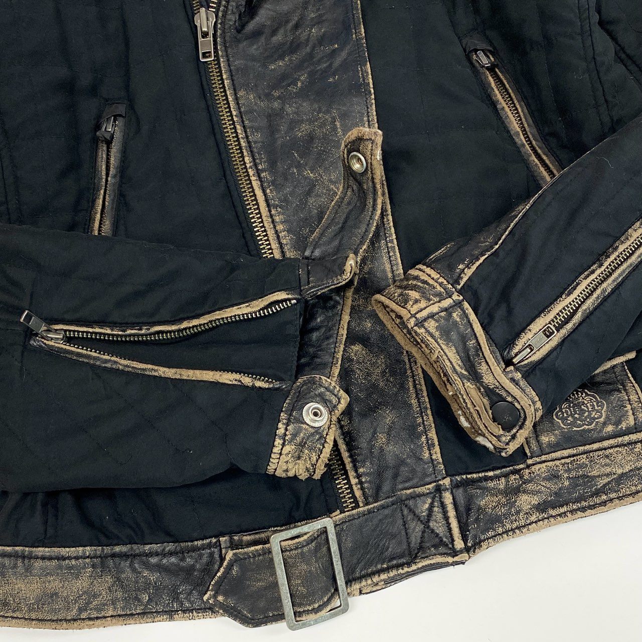 16k10 DIESEL ディーゼル ライダースジャケット  フーディー アウター ヴィンテージ加工 異素材切替 Lサイズ ブラック メンズu02t