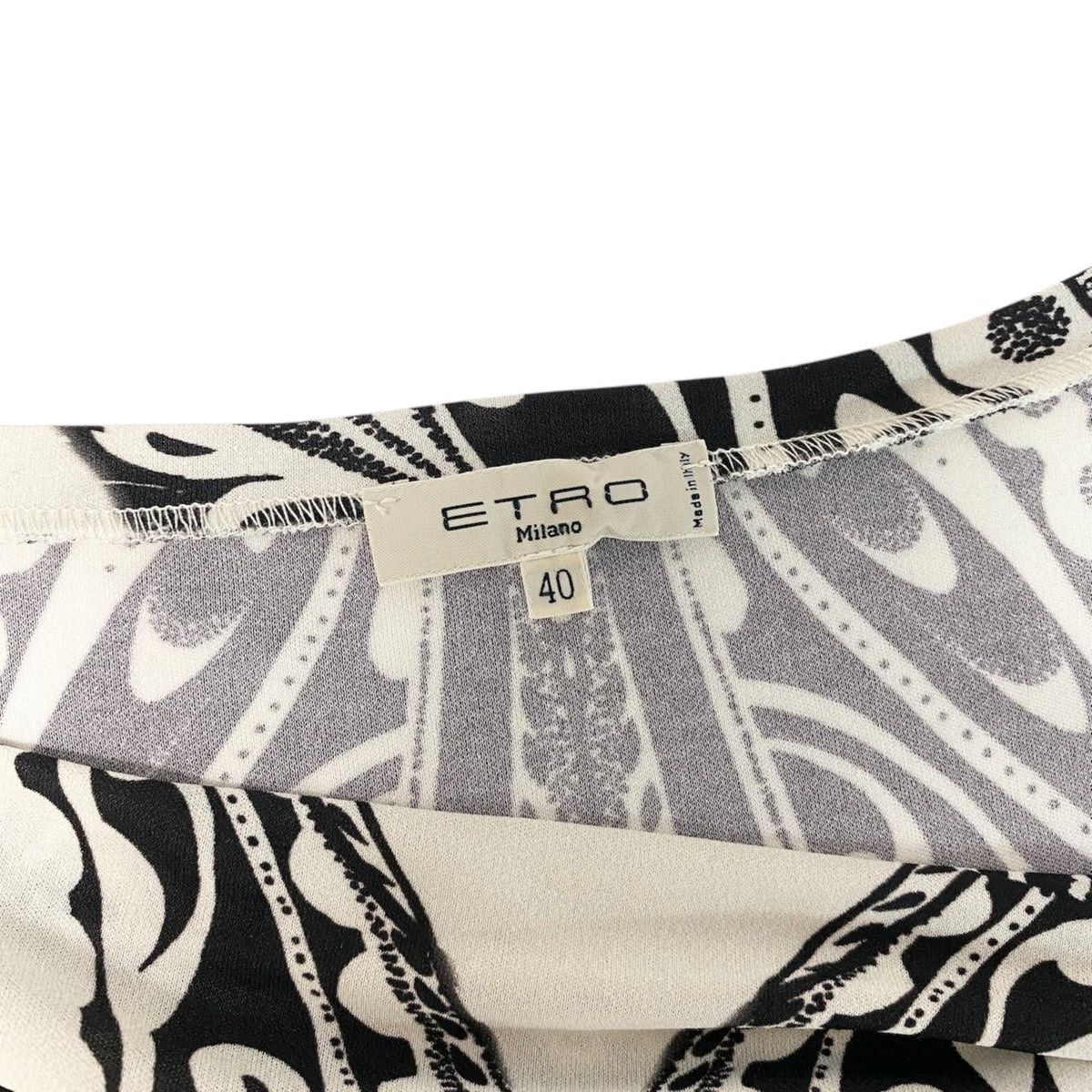 90j27 【美品】ETRO エトロ ドレープドレスワンピース 変形デザインネック 総柄 イタリア製 40サイズ ホワイト ブラック ポリエステル100％ レディース 女性用u02t