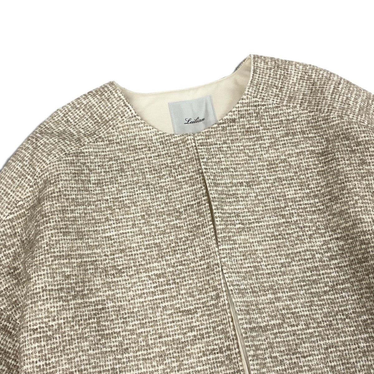 19i30 【極美品】Leilian レリアン ツイードジャケット ノーカラージャケット 日本製 13+サイズ ベージュブラウン レディース 女性用u02t