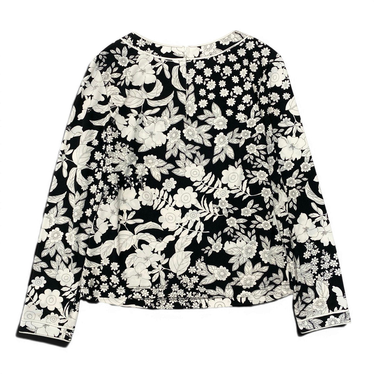 55e19 LEONARD FASHION レオナール ロングスリーブ カットソー カンカン素材 花柄プリント サイズL ブラック ホワイト レディース 女性服u02t