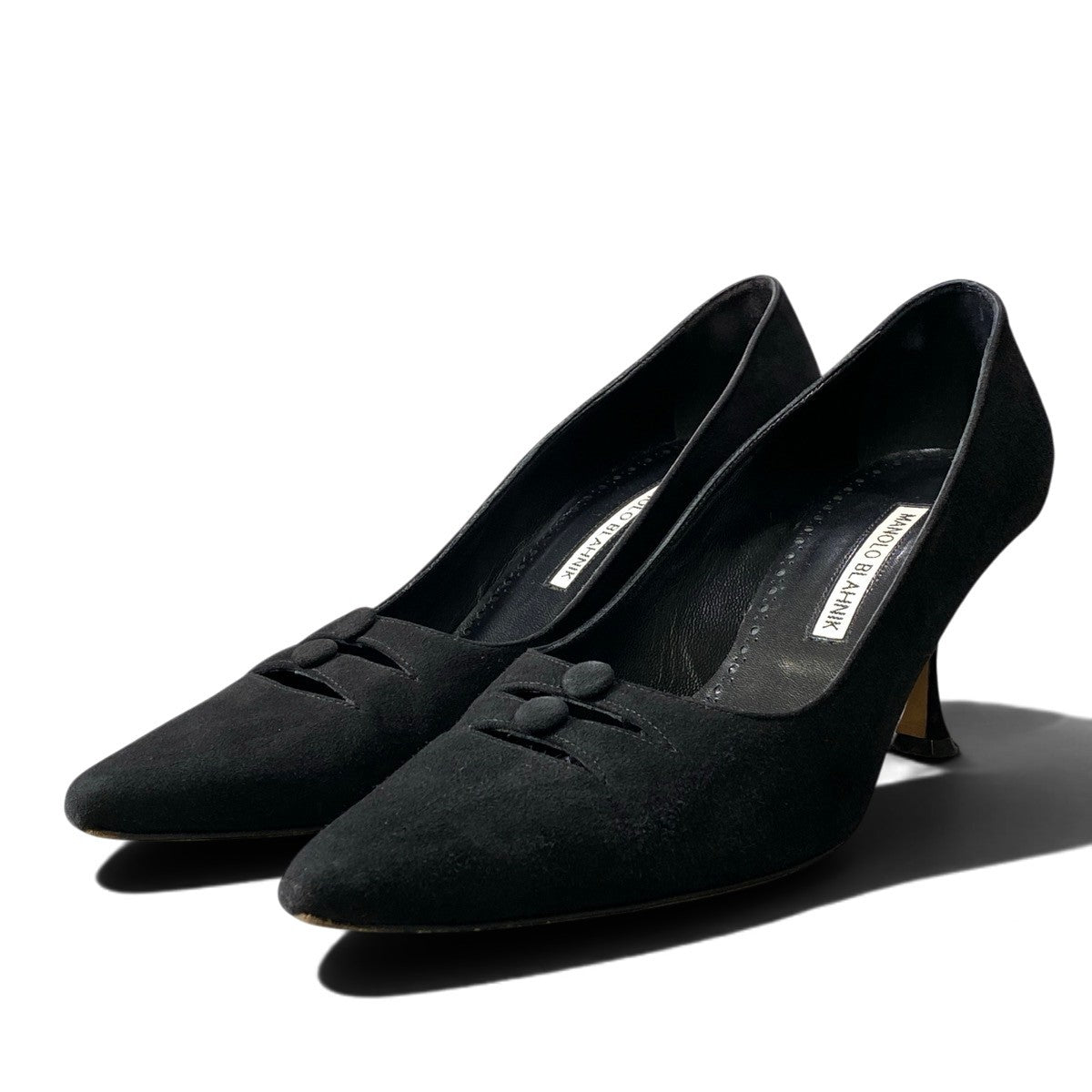 g31 MANOLO BLAHNIK ポイントテッドトゥパンプス シューズ イタリア製 38サイズ ブラック スウェード レディース 女性用k02i