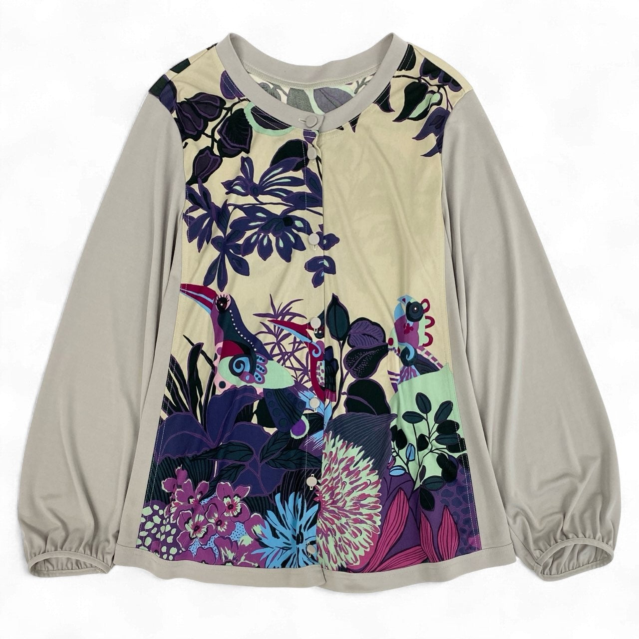 64k19 TOKUKO 1er VOL トクコプルミエヴォル ロングスリーブカーディガン ジャケット 花柄プリント くるみボタン レディース 女性用 9 グレージュu02t
