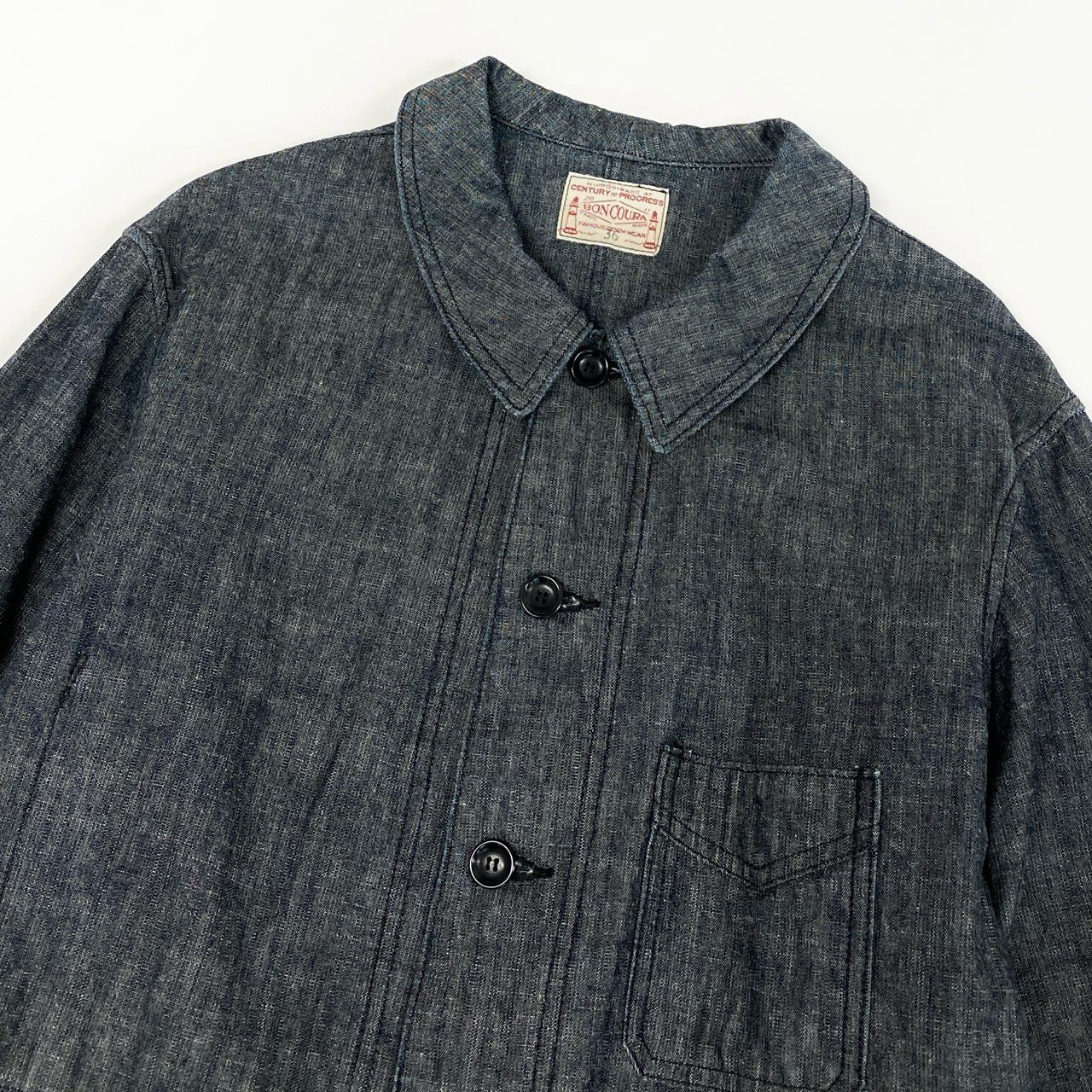 43f25 【美品】BONCOURA ボンクラ フレンチカバーオール コットンリネン ヘビーオンスシャンブレー サイズ36 ネイビー メンズ ワークジャケット