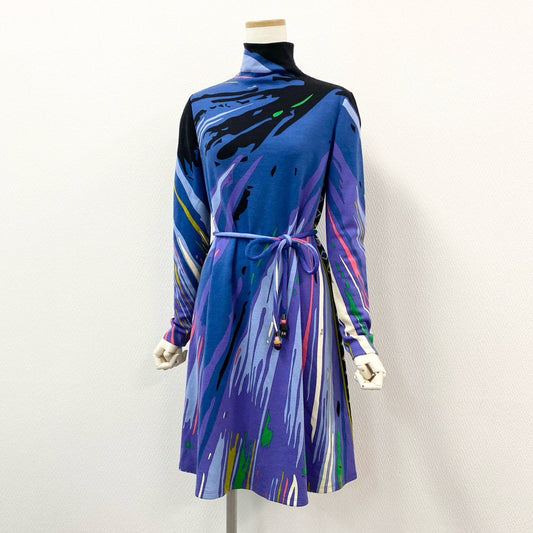 69g8 EMILIO PUCCI エミリオプッチ プッチ柄 ボトルネック 長袖ワンピース ドレス ロングスリーブ ウエストマーク イタリア製 38 ブルー レディース