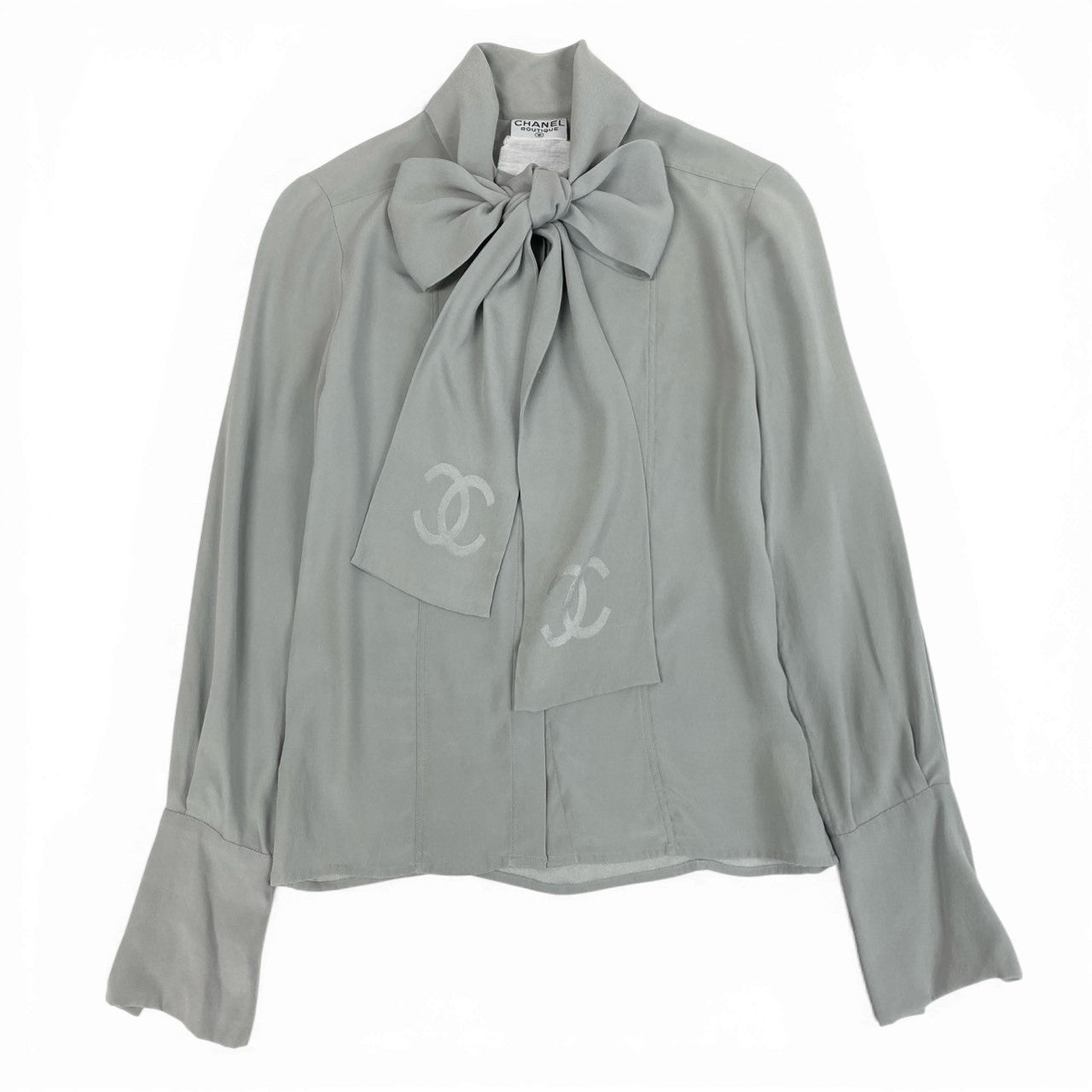 b26 CHANEL ヴィンテージ シャネル 90s ココマーク デカココ ボウタイブラウス シルクブラウス M相当 グレー シルク レディース トップスta1