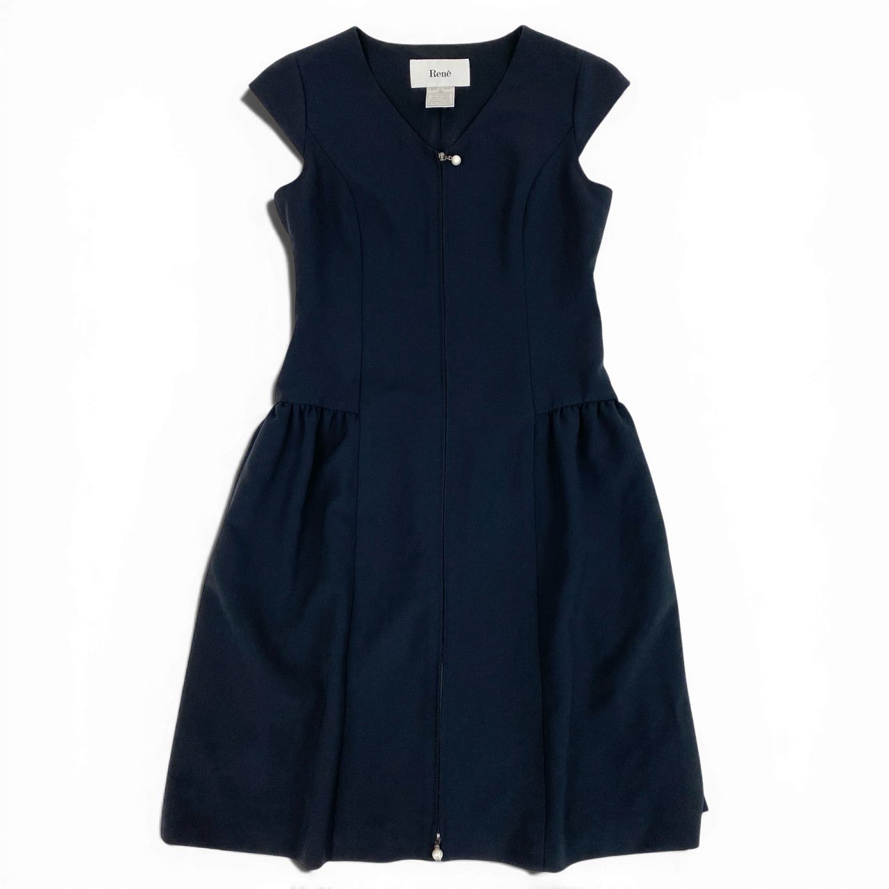 81a23 Rene ルネ ノースリーブワンピース キャップスリーブ パールジップ タックフレアスカート 36 ネイビー レディース 女性用u02t