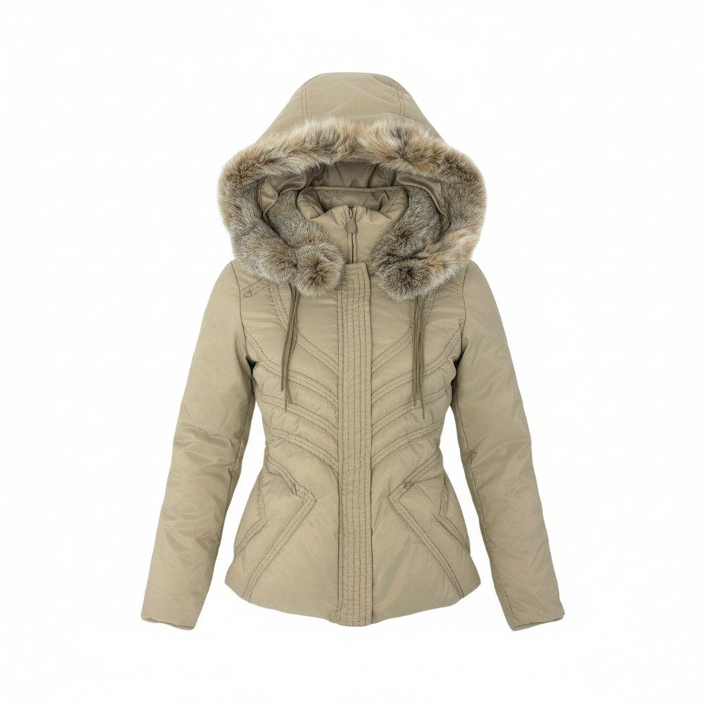 52L5 ERMANNO SCERVINO エルマノシェルビーノ 中綿ジャケット フーディージャケット ステッチデザイン ダブルジップ フーディー取り外し可 44サイズ ベージュ レディースo07t