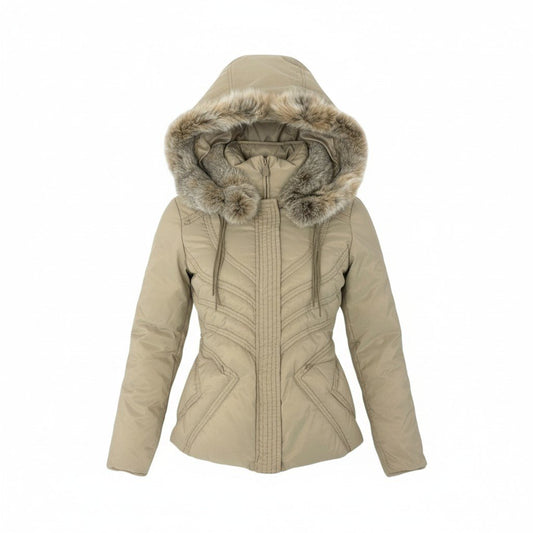 52L5 ERMANNO SCERVINO エルマノシェルビーノ 中綿ジャケット フーディージャケット ステッチデザイン ダブルジップ フーディー取り外し可 44サイズ ベージュ レディースo07t