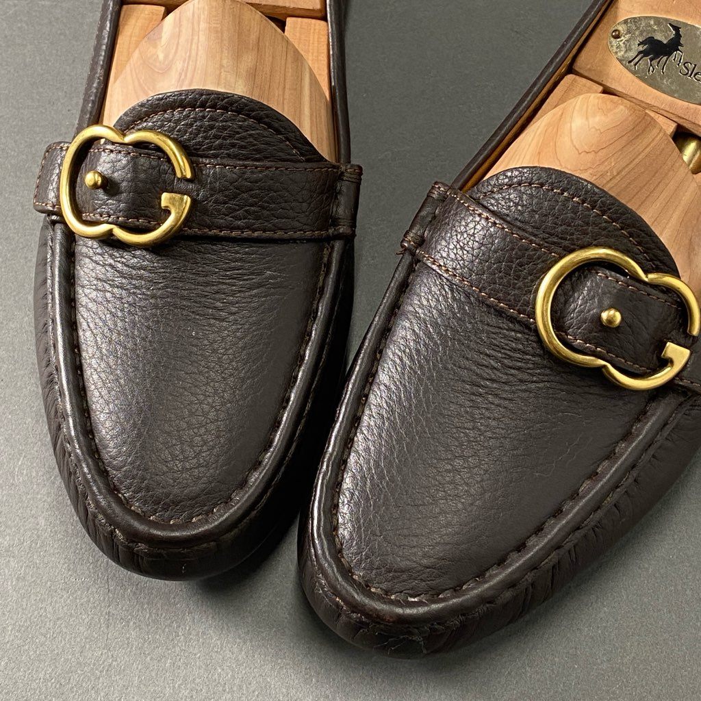 1d12 GUCCI グッチ GGベルト ローファー ドライビングシューズ 37 1/2 ブラウン レザー フラットシューズ イタリア製