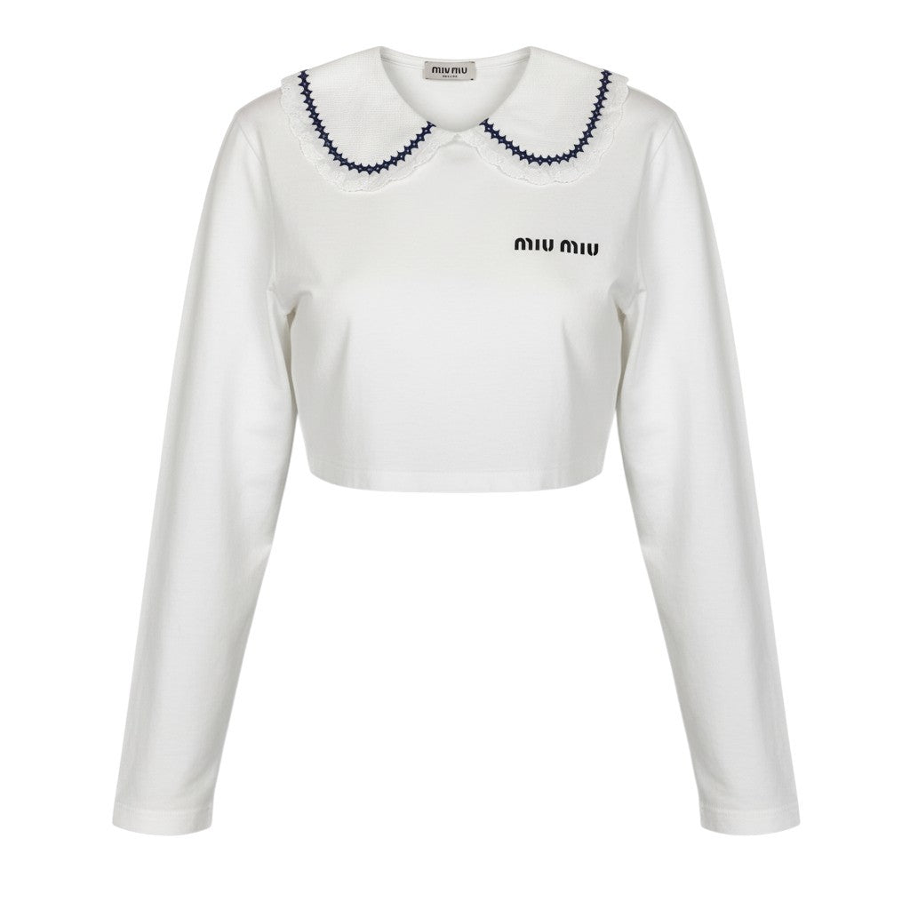 b23 miu miu ミュウミュウ 2021年 刺繍レース襟 襟付きカットソー 長袖ポロシャツ クロップドシャツ サイズM ホワイト レディースta1