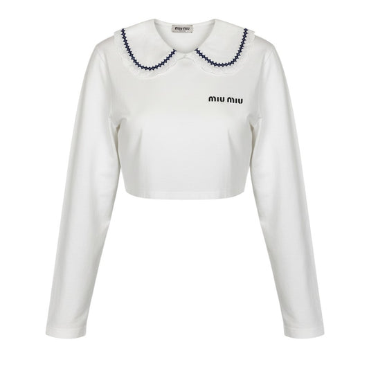 b23 miu miu ミュウミュウ 2021年 刺繍レース襟 襟付きカットソー 長袖ポロシャツ クロップドシャツ サイズM ホワイト レディースta1