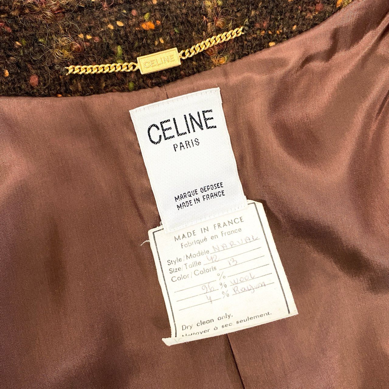 82a29 Vintage CELINE セリーヌ ツイード ジャケット スカート ゴールドチェーン 42 ブラウン ウールレーヨン フランス製u02t