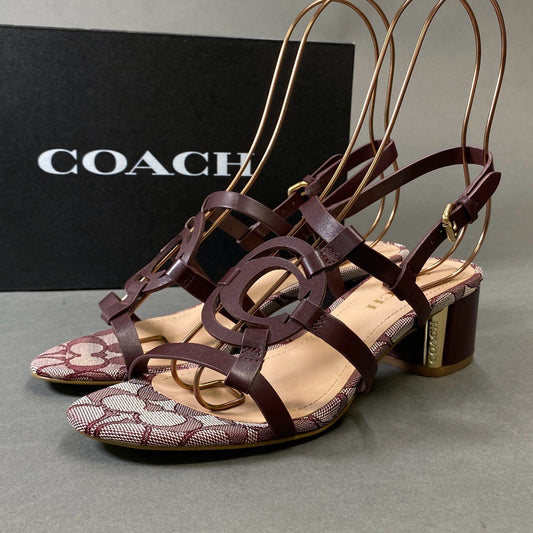 1h1 COACH コーチ シグネチャー ロゴ ヒールサンダル シューズ ストラップ ロゴ刻印 7 ボルドー レザー キャンバス レディースk02i