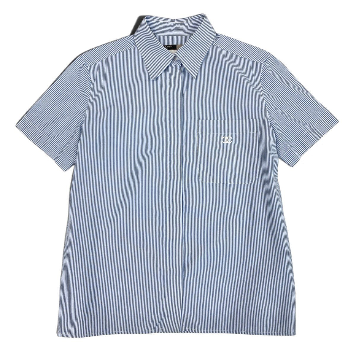 j1 CHANEL シャネル 1999 CCロゴ ストライプ 半袖シャツ Short-Sleeve Striped Shirt with CC Logo Size 40 Blue/White 100% Cotton Women'st18r
