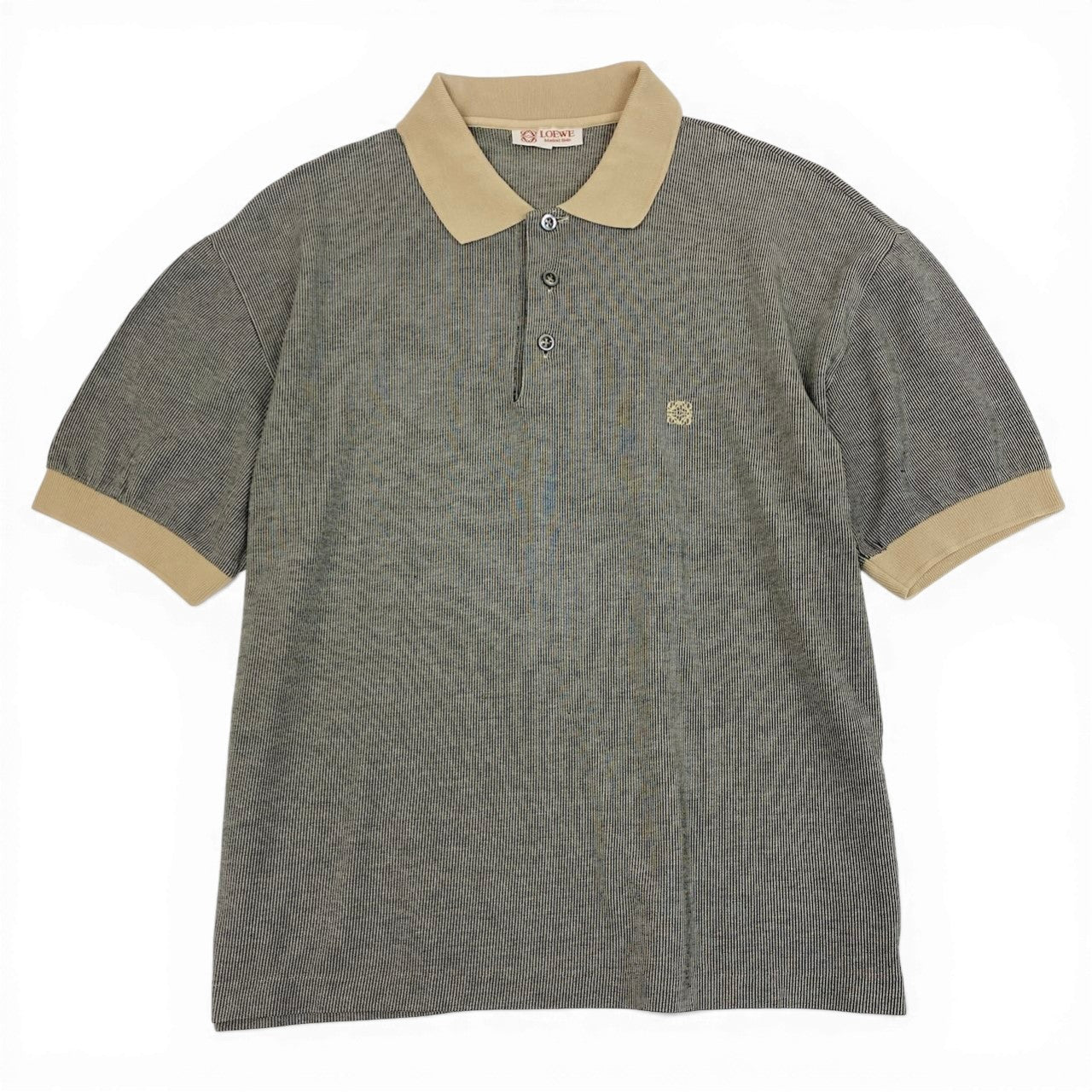Ec27 LOEWE ロエベ 半袖ポロシャツ コットンシャツ ストライプ ロゴ刺繍 トップスカットソー Sサイズ ブラック ベージュ コットン100％ メンズ 男性用u02t