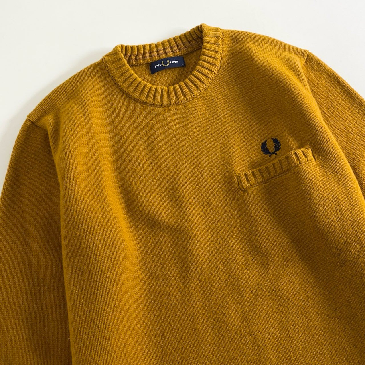 80h12 FRED PERRY フレッドペリー MALL HEM KNIT WEAR F3231 クルーネック ニット セーター プルオーバー ロゴ刺繍 Lサイズ ブラウン系 ウール