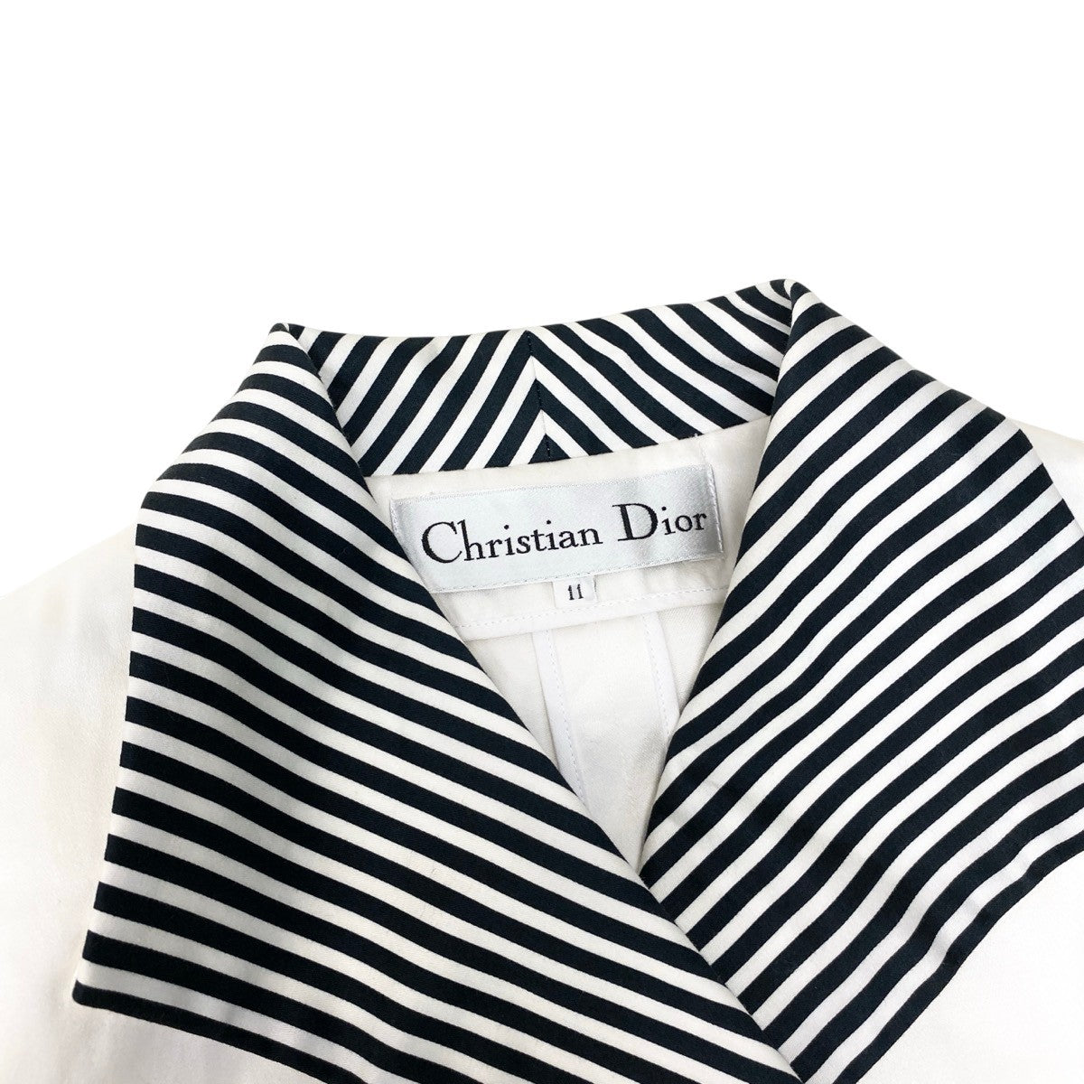 55h21 Christian Dior クリスチャンディオール テーラードジャケット ショートスリーブ ボーダー切替 サイズ11 ホワイト ネイビー コットン100％ レディースo07t