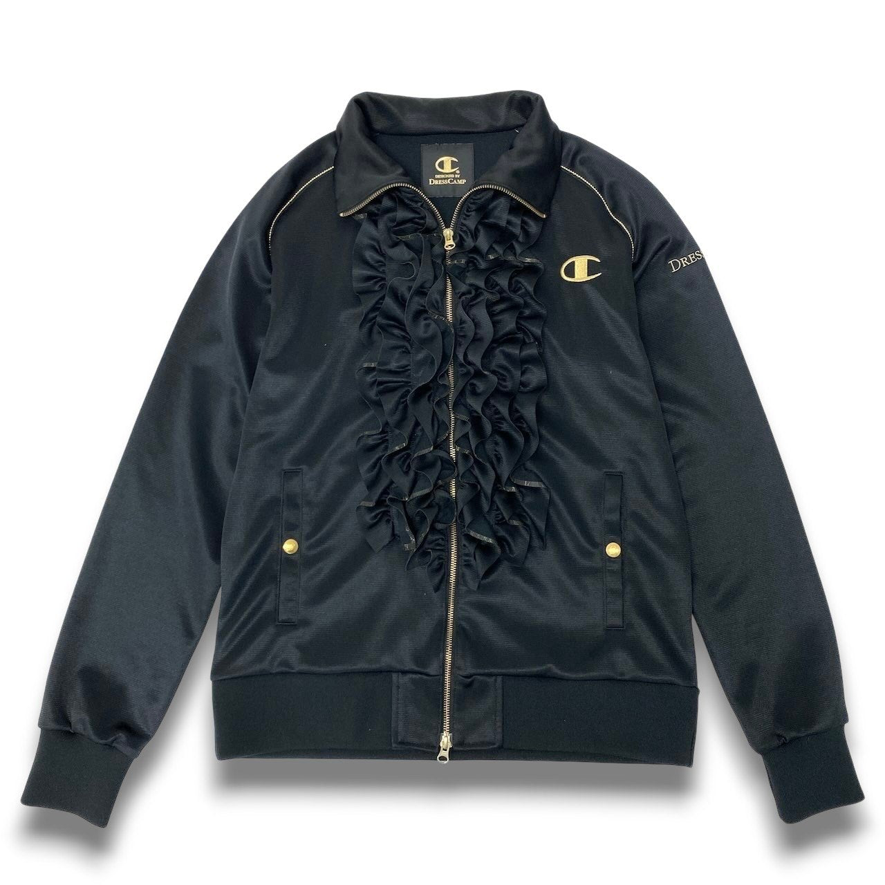 57c10 Champion チャンピオン × DRESS CAMP ドレスキャンプ フロントフリル トラックジャケット サイズ50 L ブラック ジャージ ブルゾンt18r