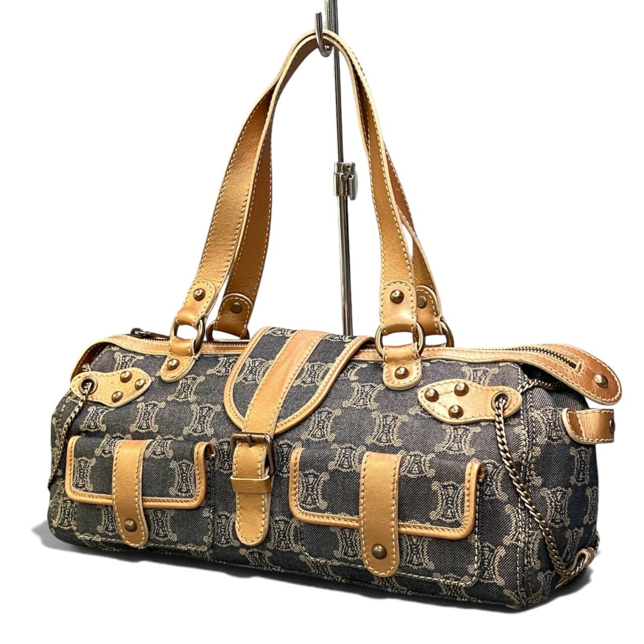 h29 CELINE 2005年 マカダム柄 ヴィンテージ デニムバッグ インディゴ オレンジベージュ レディース 女性用ta1