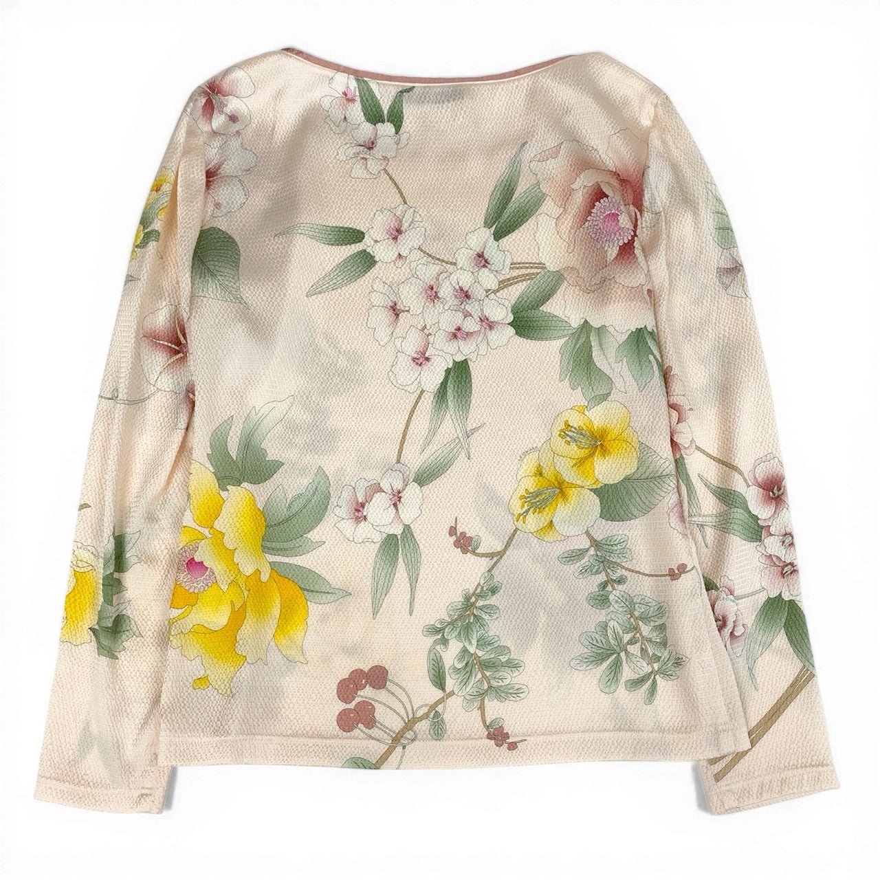 68d13 【美品】 LEONARD PARIS レオナール ロングスリーブ カットソー 美しい花柄プリント シルクブレンド トップス イタリア製 サイズ38 光沢 薄ピンク レディース 女性用u02t