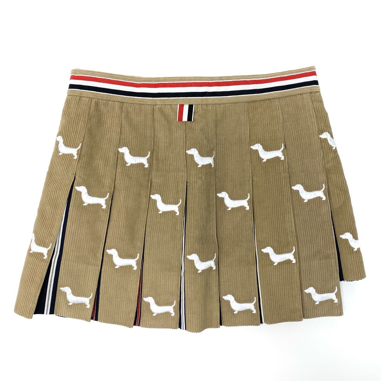 S【新品未使用】THOM BROWNE トムブラウン トリコロールテープ DOG刺繍 コーデュロイ ミニスカート サイズ38 ベージュ レディース 女性用 FGCA20E-E1225 38 ベージュk02i