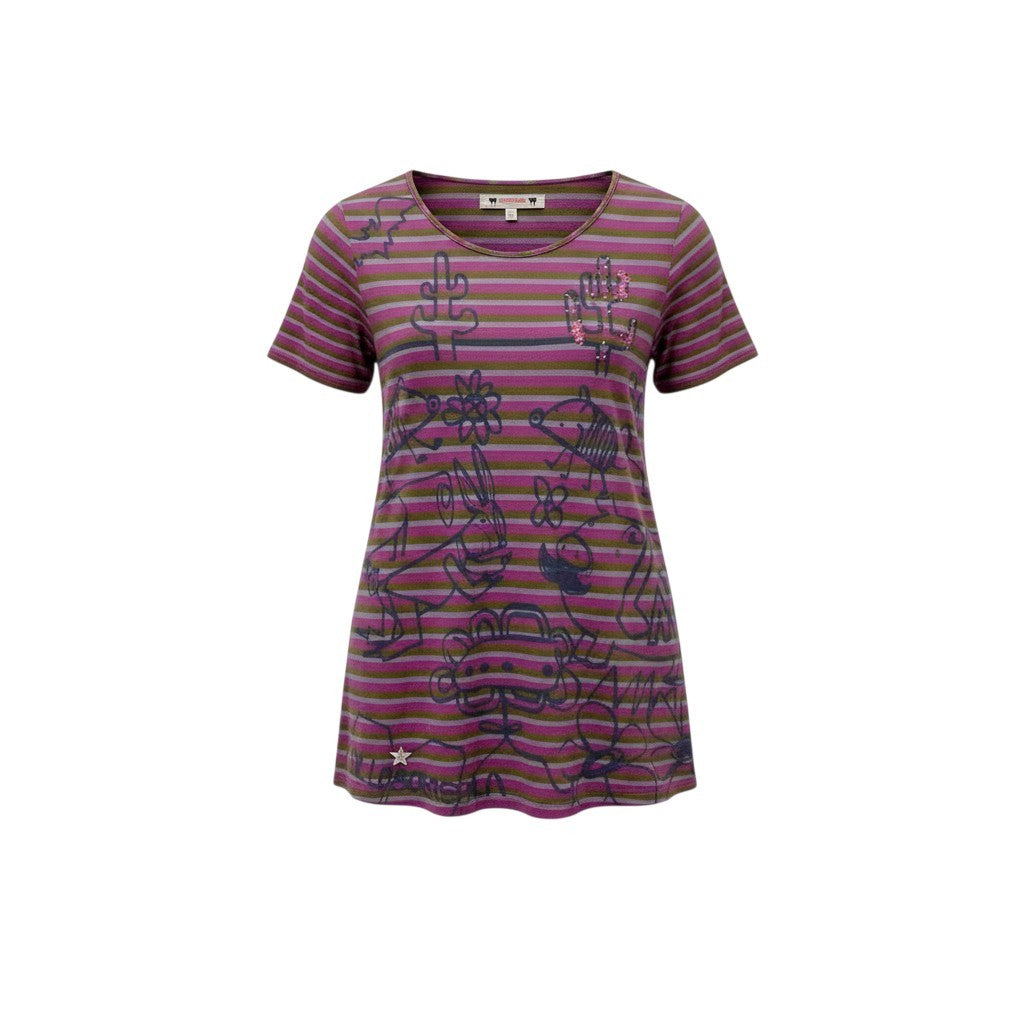 44b18 OLLEBOREBLA オレボレブラ 半袖Tシャツ チュニックワンピース ボーダー ビーズ装飾 ブタさん フラワモチーフ レディース マルチカラーo07t