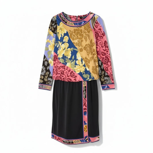 22d12 【美品】 LEONARD FASHION レオナール ロングスリーブワンピース ロングワンピース 美しい花柄プリント カンカン素材 サイズ38 マルチカラー レディース 女性用u02t