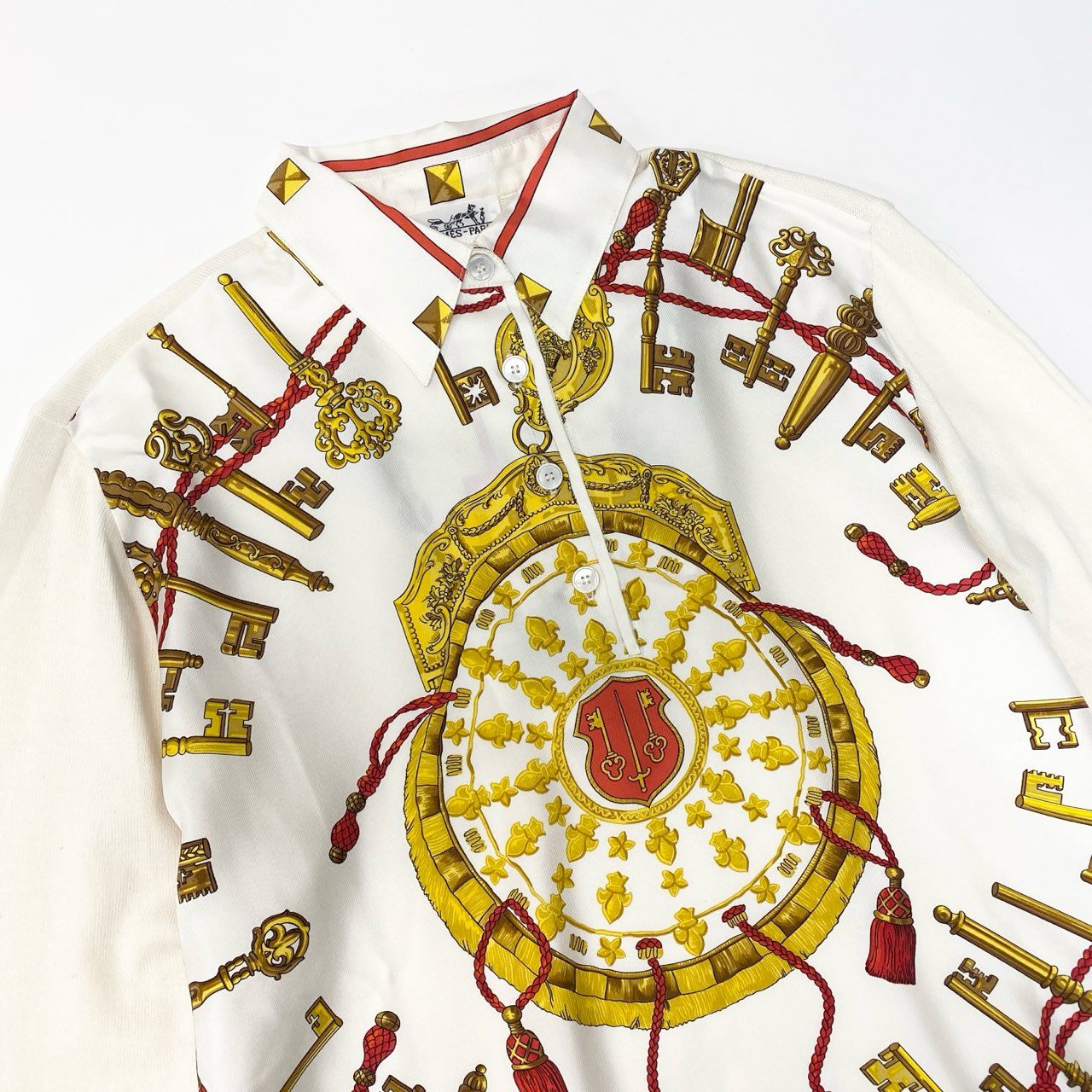 Ia29 HERMES エルメス 長袖シャツ 長袖ニットセーター 異素材切替 スカーフ柄 シルク100％ イタリア製 Sサイズ ホワイト レディースo07t