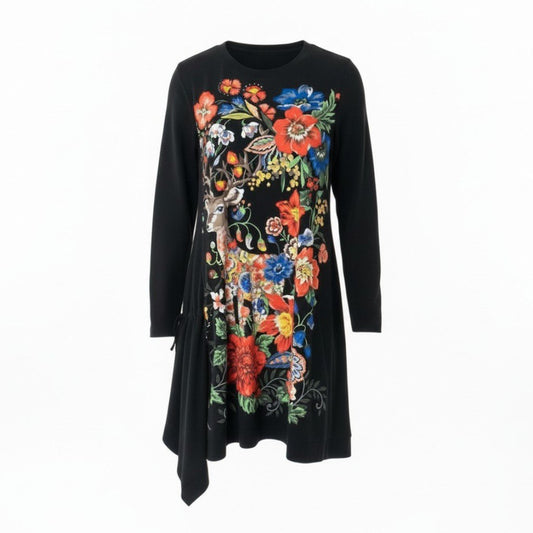 5c5 TOKUKO 1er VOL トクコプルミエヴォル ロングスリーブワンピース 花柄 アニマルプリント ストレッチ アシンメトリー レディース 女性服 サイズ9 ブラックu02t