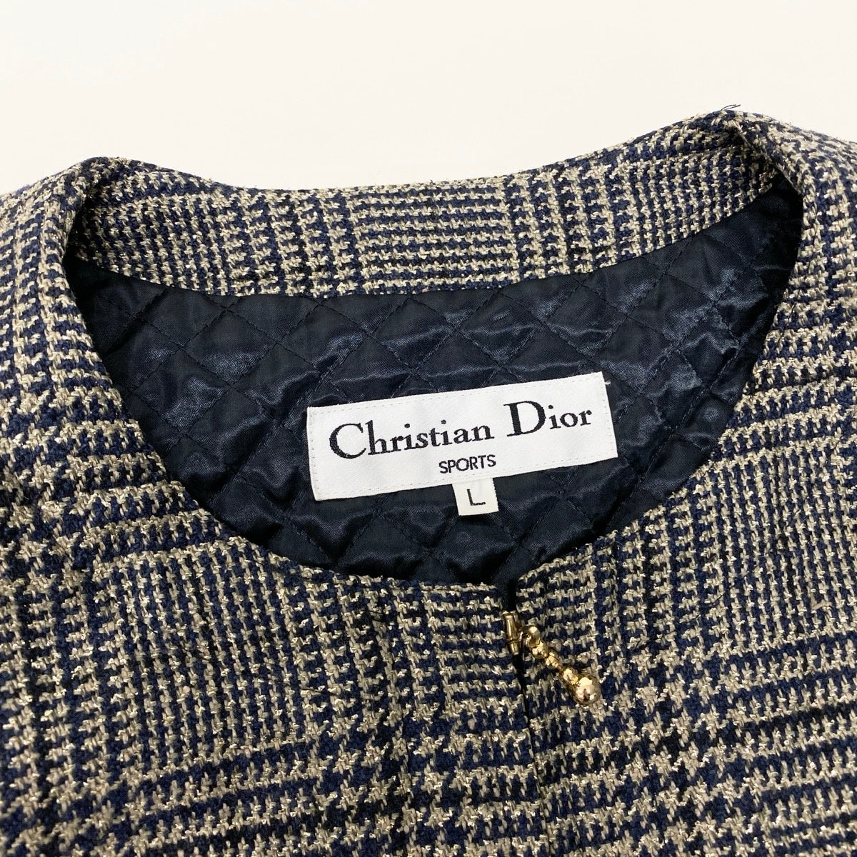 25g8 Christian Dior クリスチャンディオール ノーカラーツイードコートジャケット グレンチェック ラメ アウター Lサイズ ベージュ ネイビー レディース 女性用u02t