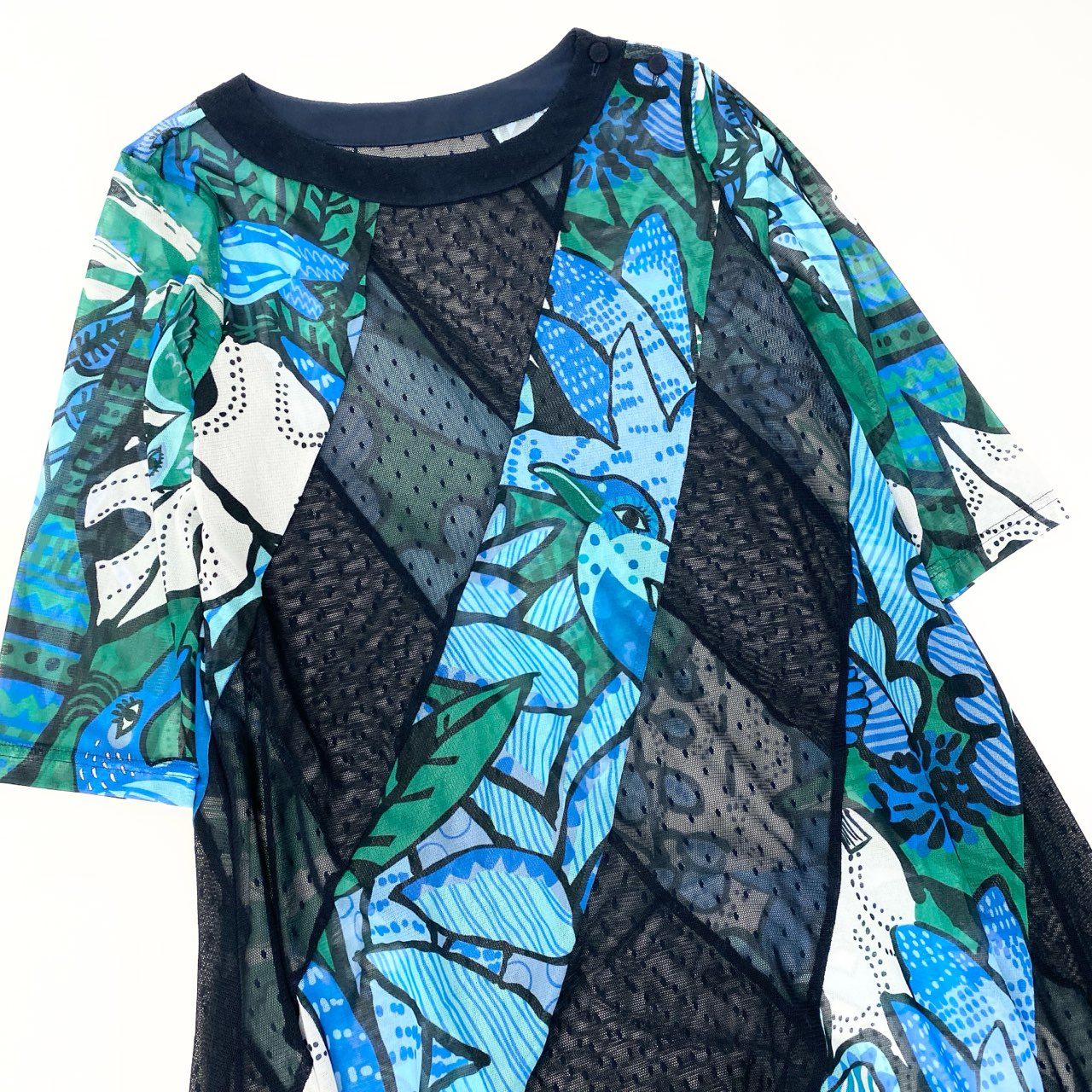 51c1 【美品】 TOKUKO 1er VOL トクコプルミエヴォル 七分袖 ロングワンピース シアーワンピース ドット柄 メッシュ 総柄プリント レディース 女性服 サイズ9 マルチカラー ポリエステル100％u02t
